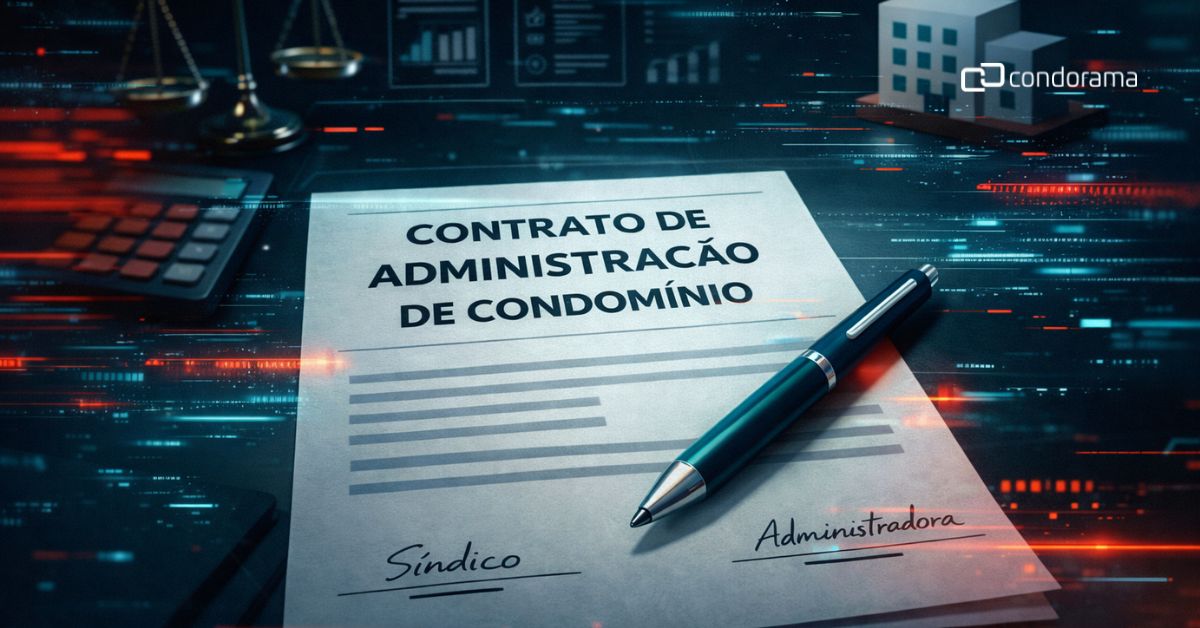 Contrato com administradora de condomínio com elementos de tecnologia e segurança jurídica em fundo escuro.